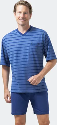 Image de hajo Hommes Set de pyjamas - shorty, court, manches courtes, Klima-Light, mélange de coton bleu XL
