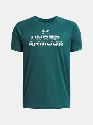 Productafbeelding van Under Armour UA Tech Split Wordmark T-shirt voor jongens, kleur groen, maat YXS