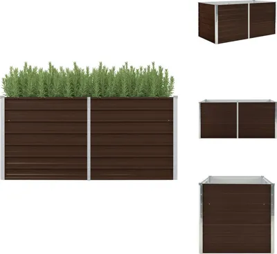 A collage of images showing a brown metal raised garden bed with plants, and different views of the garden bed.