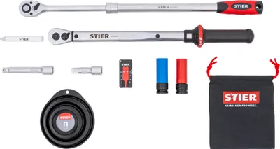 Produktbild von STIER Rad-Montage-Set 1/2'', Reifenwechsel-Set, 40 - 200 Nm, 11-teilig, im stabilen Koffer, mit hochwertigem Drehmomentschlüssel, extra hohe Auslösegenauigkeit, Verlängerungen für Tiefbettfelgen