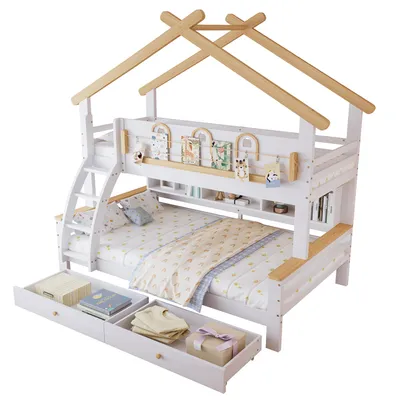 Produktbild von Etagenbett mit 2 Liegeflächen, Schubladen, Regal und Stauraum, 90x200cm/120x200cm, Kinderbett mit Rausfallschutz, Hausbett, Kiefer