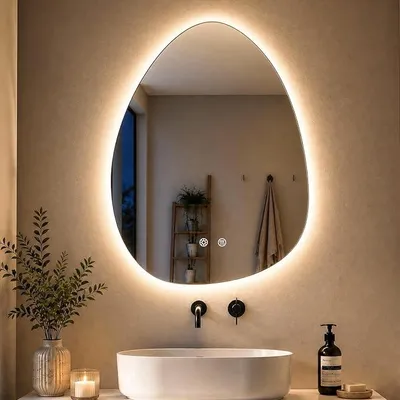 Image de Miroir de salle de bain éclairé, asymétrique, 80x60 cm, miroir LED avec 3 couleurs de lumière réglables en intensité, verre trempé, interrupteur tactile, fonction mémoire, anti-buée, miroir de salle de bain moderne avec éclairage