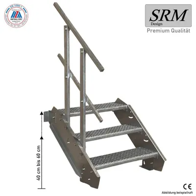 Immagine prodotto di scala in acciaio a 3 gradini su un lato. Larghezza ringhiera 120 cm Altezza pavimento 40-60 cm