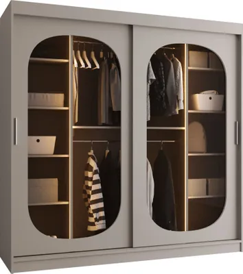 Produktbild von MIRJAN24 Kleiderschrank Bahrajn 200, Schwebetürenschrank, Garderobe (Farbe: Cashmere, Größe: 200 cm, mit Schubladen und mit Weisser LED Beleuchtung)