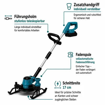 Produktbild von 4-in-1 Akku Rasentrimmer 21V, Leicht & Kraftvoll, mit 2 Akkus und Ladegerät, Kabelloser Kantenschneider, Blau