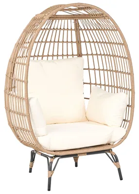 Zdjęcie produktu dla BELIANI Fotel kokon rattanowy naturalny kolor metalowe czarne nogi beżowe poduszki zabudowane oparcie boho krzesło kosz do ogrodu na taras balkon do salonu