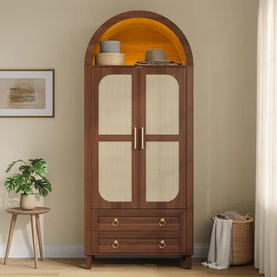 Imagen del producto de Armario Merax con nicho arqueado y puertas dobles de ratán, armario infantil con barra para colgar y 2 cajones, iluminación LED controlada por aplicación, patas de madera maciza, nogal
