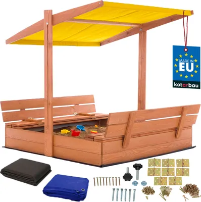 Produktbild von KOTARBAU® Sandkasten mit Abdeckung 120 x 120 cm Großer Braun Holzsandkasten mit Gelb Dach Sandkasten mit Deckel Sandkasten mit Dach Gartenspielzeug Kinder imprägniert verschließbar mit Bänken