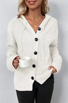 Produktbild von ASKSA Damen Langarm Grobstrickjacke Kordelzug Kurz Strickjacke Herbst Winter Strickmantel mit Kapuze, Weiss, M