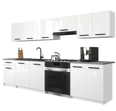 Produktbild von Belini Moderne Küchenzeile Küchenblock ITALIA 2 - Küchenmöbel 240cm Weiß Hochglanz - Einbauküche mit Hängeschränke, Unterschränke & Arbeitsplatten