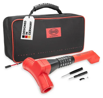 Produktbild von HEYNER®  Lenkradsperre Auto, Diebstahlschutz mit 5‑stelligen Zahlenschloss, verstellbar 35–42 cm, rot‑schwarz