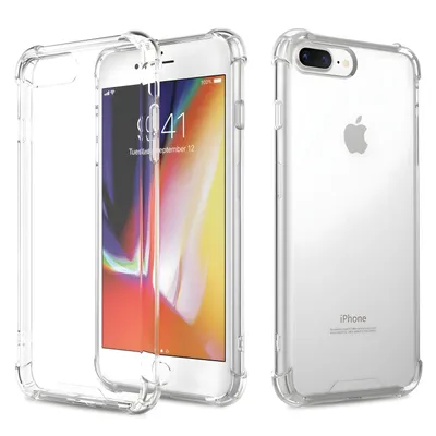 A clear iPhone 8 Plus/iPhone 7 Plus case is shown from two angles, one showing the front with the screen on and the other showing the back.