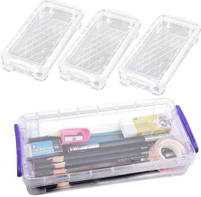 Productafbeelding van Set van 4 stapelbare, transparante plastic pennenbakken met drukknopsluiting, opbergdoos, bureauorganizer