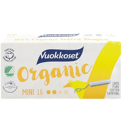 Zdjęcie produktu dla Tampony Vuokkoset BIO MINI 16 szt. | 100% Bawełna Organiczna | Hipoalergiczne, Biodegradowalne, Bez Chloru | Idealne na Początek