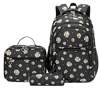 Productafbeelding van Schoolrugzak set voor meisjes, tiener, met bloemenprint, inclusief lunchtas en etui, kleur zwart