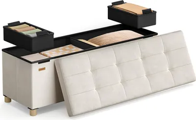 Obrázek produktu pro Úložná lavice s sedákem – samet – objem 112 litrů – rozměry 38 x 110 x 40 cm – barva cappuccino/béžová