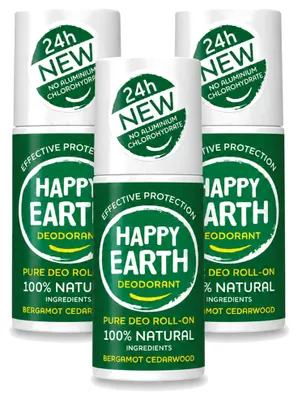 Produktbild von 3 x Happy Earth Deodorant Roll-On Bergamotte Cederhout 75 ml - Vorteilspackung - 3 Stücke