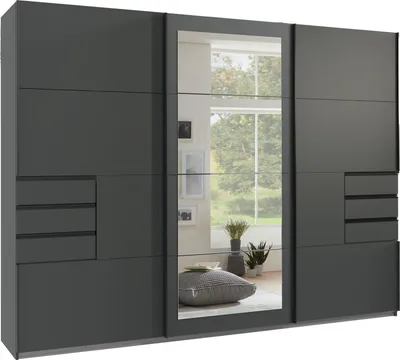 Produktbild von Schwebetürenschrank Kleiderschrank 270 cm 3-türig m. Schubladen Spiegel in Grafit / 22501