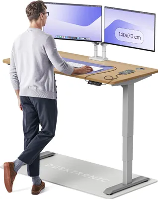 Produktbild von Desktronic HomePro Elektrisch höhenverstellbarer Schreibtisch 140x70cm Massive Eiche/Graumit Memory-Funktion, Anti-Kollisions Technologie, USB-A und USB-C-Ladeanschlüssen