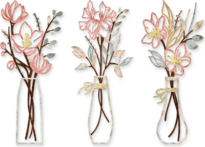 Produktbild von OKWISH Wandskulpturen 3er Set, Wanddekoration Metall, Blumen Wanddeko, Metall Wandvase mit Blumenmotiv, Herz & Blumen Wandkunst, Modern & elegant, Mehrfarbig
