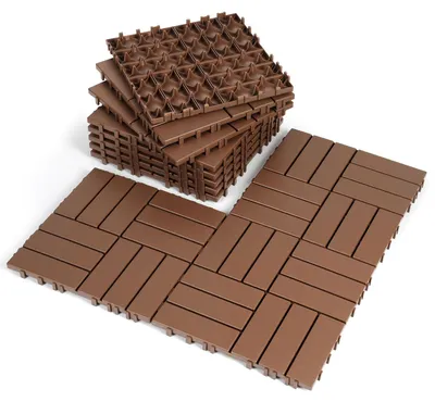 Obrázok produktu pre ISOISL 11 kusov terasových dlaždíc, 1 m², 30x30 cm, plastové, klikacie dlaždice, dlaždice na balkón, vzhľad dreva, pruhované, odolné voči poveternostným vplyvom, protišmykové, hnedé, 12 pruhov