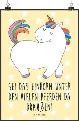 Produktbild von Mr. & Mrs. Panda Bild Einhorn Stolzieren DIN A2 - Gelb Pastell - Geschenk, Einhörner, Reiter, wanddeko, drucke, Unicorn, Posterdruck, Pferd, Plakat, Kunstdruck, Freundin