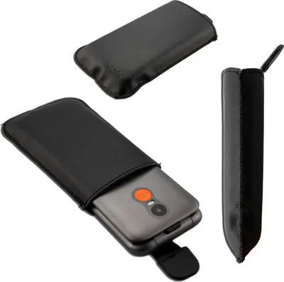 Three views of a black leather phone case, one with a phone partially inserted.