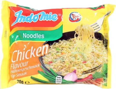 A package of Indomie instant noodles with chicken flavor.