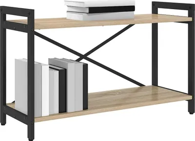 A product shot of a bookshelf with books on it, against a white background.