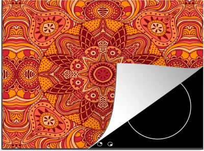Produktbild von KitchenYeah© Herdabdeckplatte Mandala - Muster - Vintage - Orange - Rot , 59x51cm, Küche Deko, Glaskeramikkochfeld Herdabdeckung, Abdeckplatte fùr Kochfeld