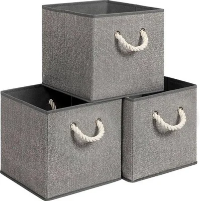 Produktbild von Unyqoos® Aufbewahrungsboxen 3er-Set – faltbare Stoffboxen ohne Deckel, 30×30×30 cm, Leinenoptik Grau, mit Baumwollgriffen & Kartonboden