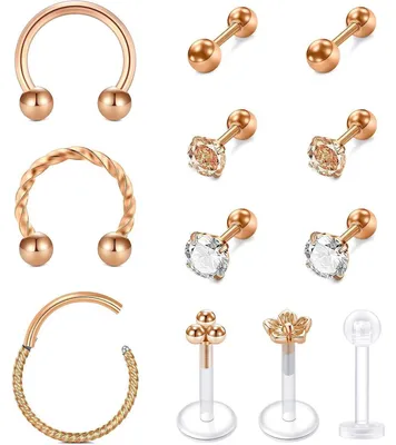 Obrázek produktu pro Sada piercingů, 12 kusů, růžové zlato, chirurgická ocel, 16G, tyčinka, piercing do chrupavky