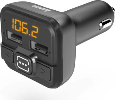 A black Hama FM transmitter with a digital display and USB ports.
