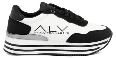 Immagine prodotto di Scarpe da ginnastica con zeppa, colore nero e avorio, marca Alviero Martini, con lacci, realizzate in poliuretano
