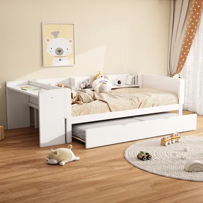 Immagine prodotto di Letto per bambini Fortuna Lai 90 x 200 cm con letto estraibile e scrivania, letto singolo con ripiano, letto per ospiti letto in legno con rete a doghe, letto per ragazzi letto per bambini, bianco