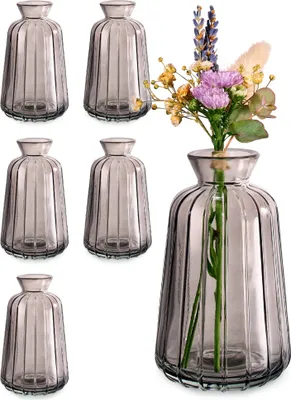 Produktbild von Kleine Glasvasen für Tischdeko - 6er Set - Vintage Charme - Runde Minivasen - Spülmaschinenfest - Perfekt für Hochzeit Tischdeko - Grau