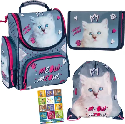Produktbild von Goldkids Schulranzen Katze Cat Motiv ergonomischer Ranzen Federmappe Turnbeutel Aufgabenheft für die Grundschule 4er Set. Geeignet ab der ersten Klasse der Grundschule.