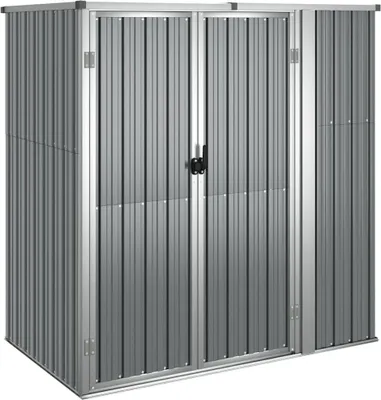 A silver corrugated metal shed with double doors.