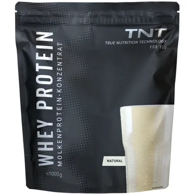 Produktbild von TNT Whey Protein Pulver (1000g) - Natural, ohne Süßungsmitel - 100% Molkenprotein-Konzentrat mit Laktase - Leckerer Eiweißshake