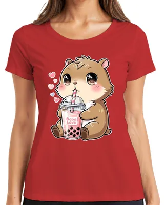 Obrázok produktu pre Tričko s motívom "Boba Love Hamster Bubble Tea" v štýle kawaii, červené, veľkosť S