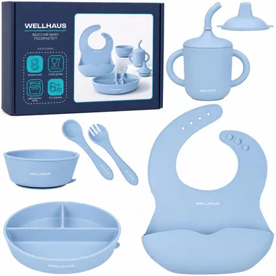 Productafbeelding van WELLHAUS Baby siliconen set, 8-delig, blauw, met zuignap, BPA-vrij, AI-gegenereerde afbeelding