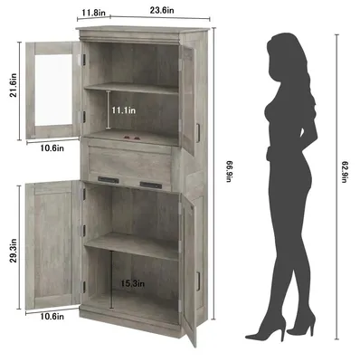 Image de Armoire de style rustique moderne - Armoire haute avec vitrine de 170 cm - Portes en verre - Étagères réglables - Armoire en bois autoportante - Gris