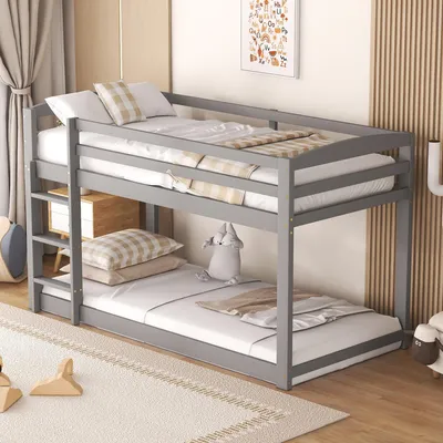 Image de OKWISH Lit superposé 90x200 cm, Cadre Bois Massif, 15 Lattes, Gris