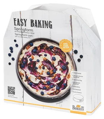 The image shows the packaging of a Birkmann springform pan, featuring a picture of a blueberry cheesecake.