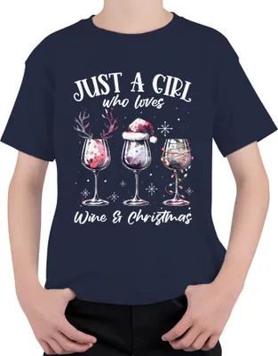 Produktbild von Just a girl who loves wine and christmas Weintrinker - Weihnachten Weihnachtsgeschenk Uni Kinder T-Shirt, Navy, 128