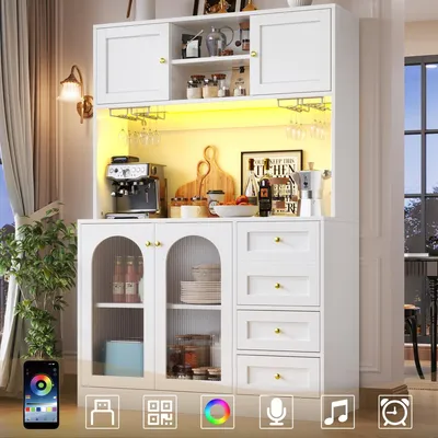 Produktbild von Sideboard 120x40x188cm Buffetschrank Küchenschrank Vorratsschrank Landhausstil 4 Türen LED-Beleuchtung Weiß
