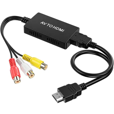 A black AV to HDMI adapter with red, white, and yellow RCA connectors and an HDMI cable attached, shown on a white background.