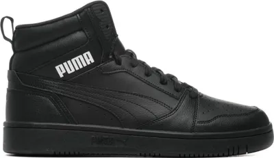 A black Puma high-top sneaker shown from the side.