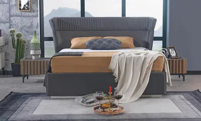 Image de Gris Lit Meubles en bois 2x Tables de chevet Chambre à coucher Set complet 3pcs Moderne