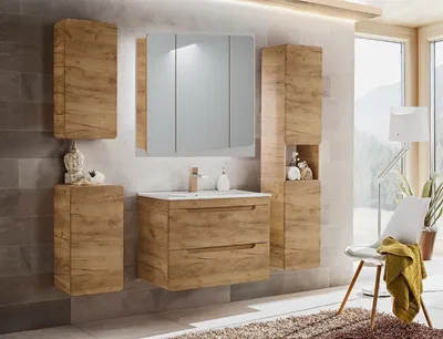 Produktbild von MONTIERT Badmöbel Set ARUBA EICHE-S 80 cm mit Keramikwaschbecken SOFT-CLOSE MATT komplettes Badmöbel Set
